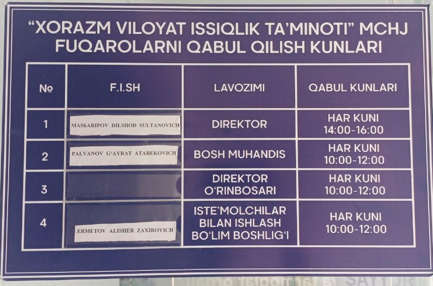 FUQAROLARNI QABUL QILISH JADVALI